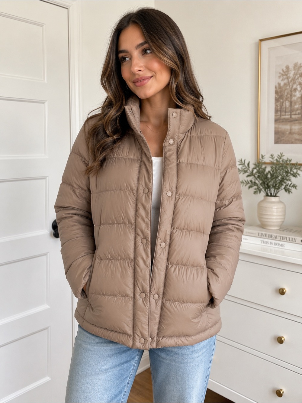 NEVER WORN TAHARI Women’s Lightweight Puffer Jacket - Taupe
